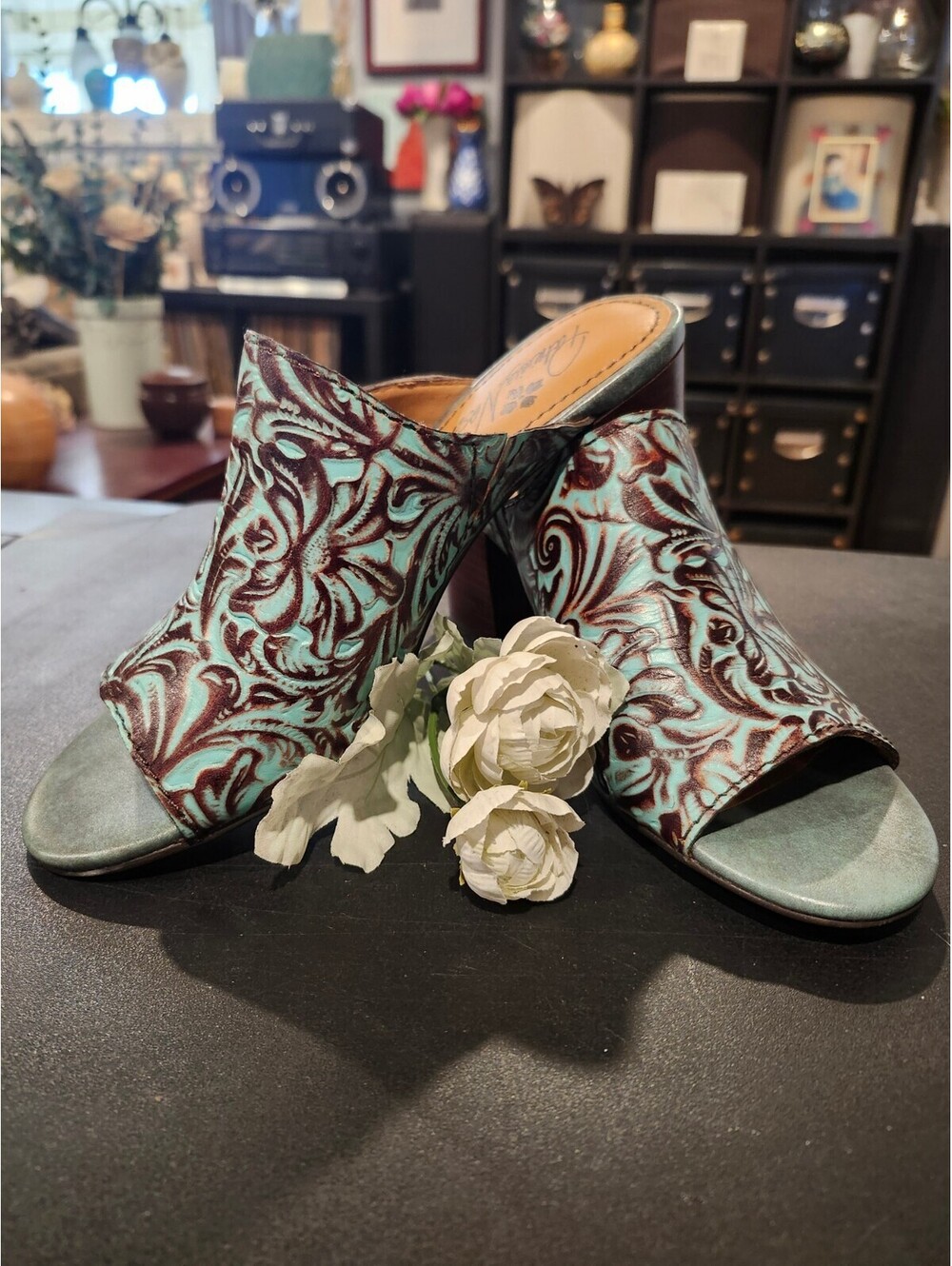 Patricia Nash Tooled Brown & Turquoise Leather Open Toed Western Heels Size 6.5